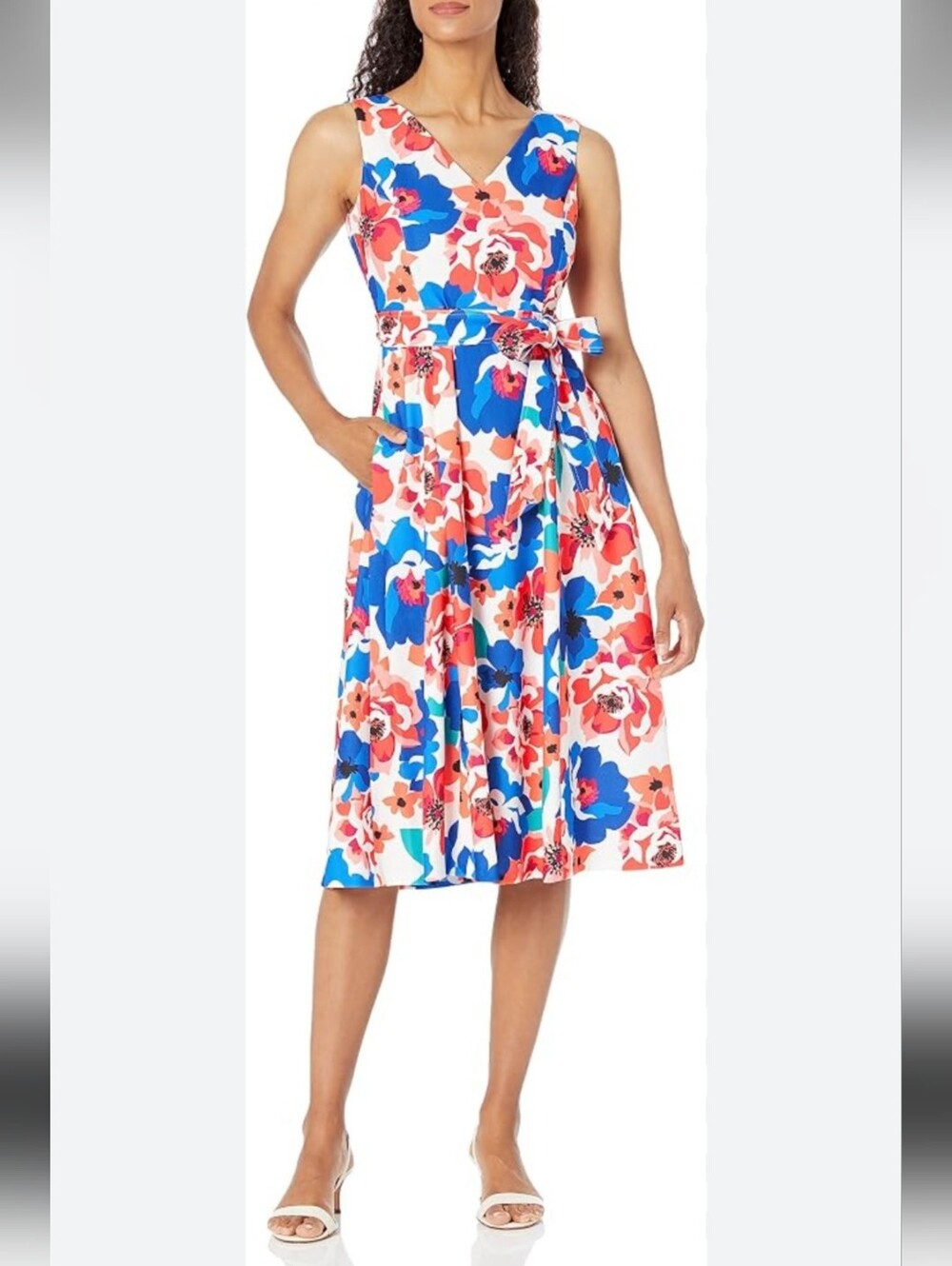 Calvin Klein Floral Fit And Flare Sash Tie Dress in Blue & Pink Size 4